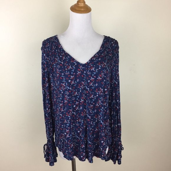 LUCKY BRAND Adjustable Drawstring Blue MultiColor Floral Print Long Sleeve Shirt - Picture 6 of 11